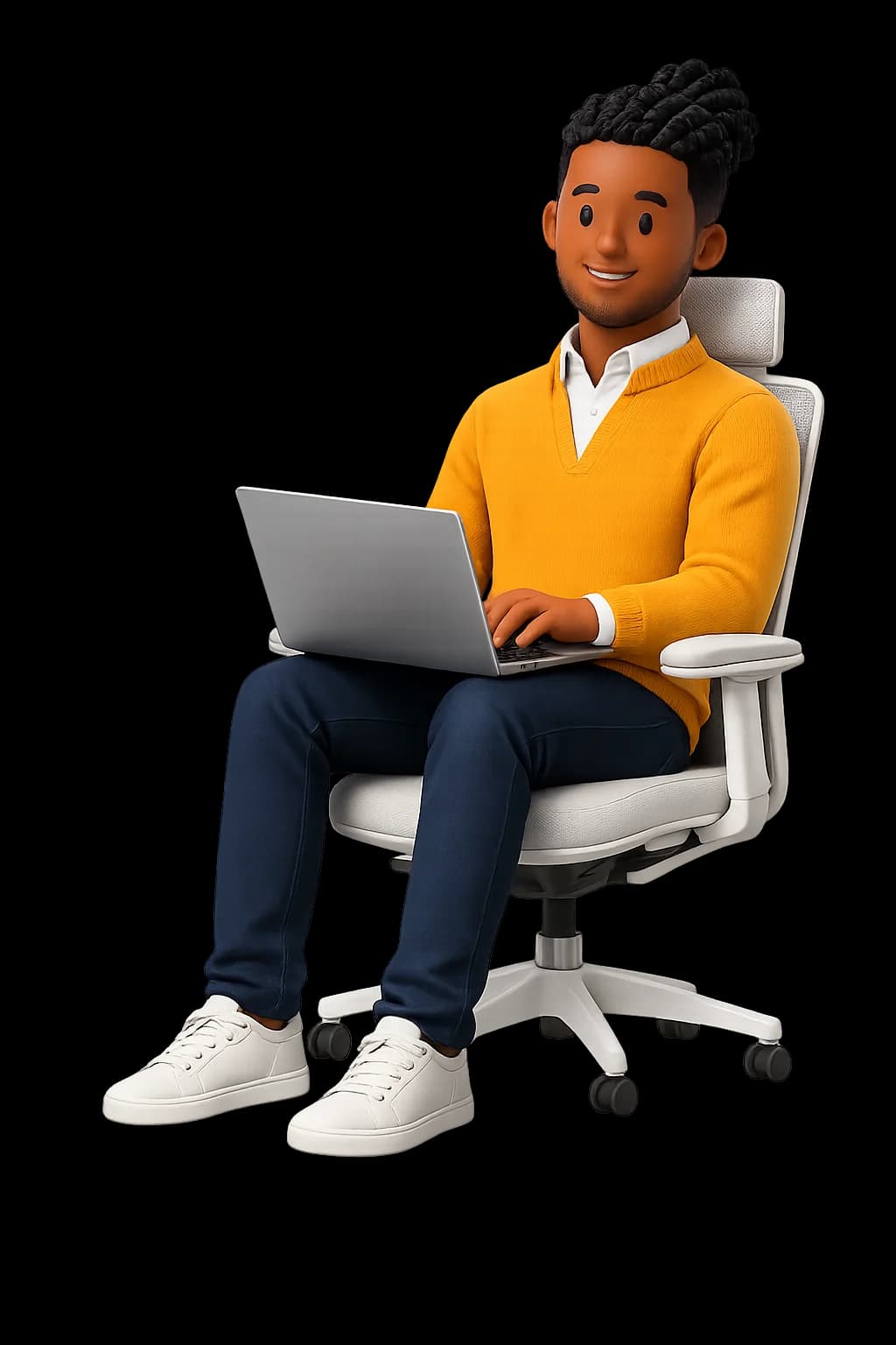 3D Jadan Jones character seated with a laptop